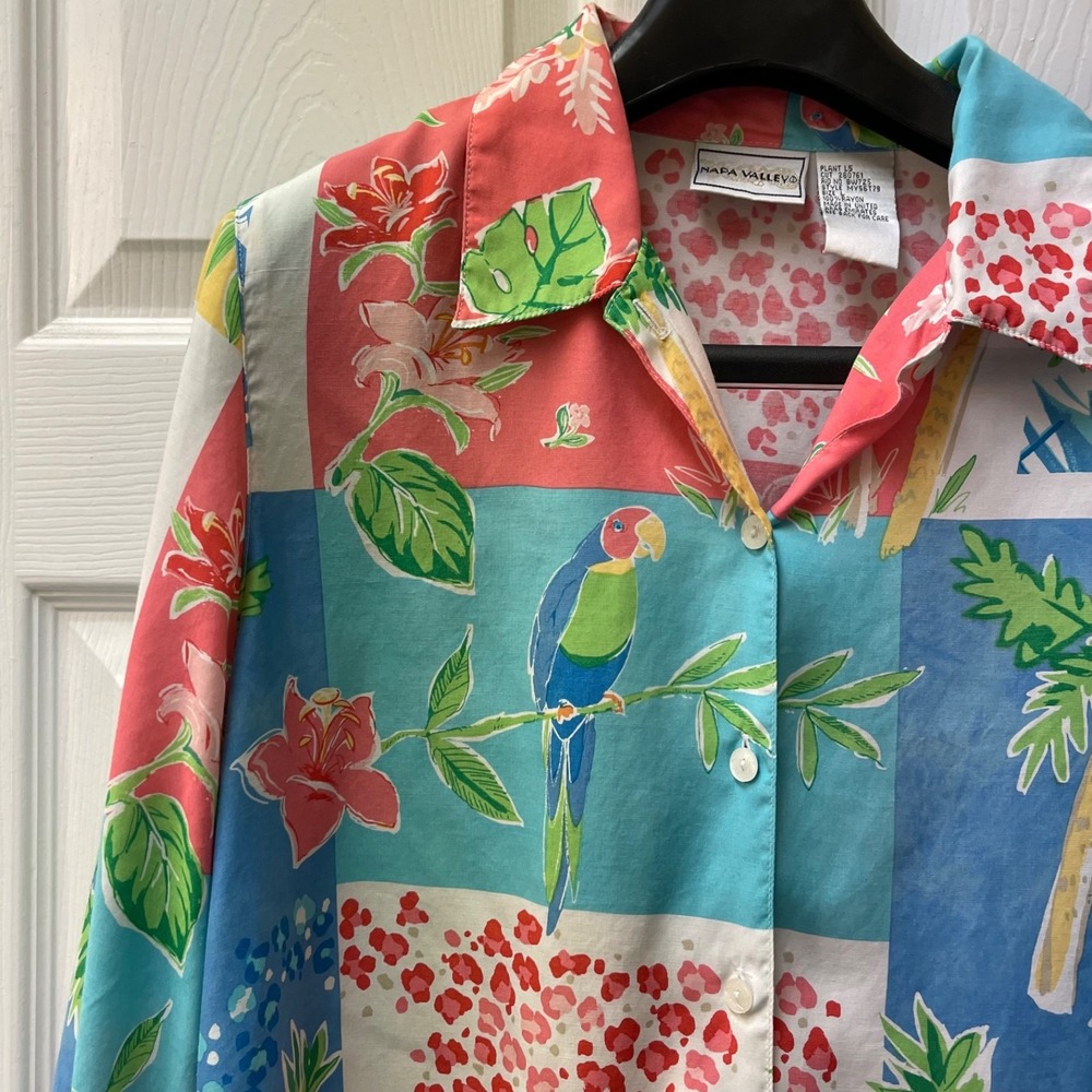 Vintage Napa Valley Women's Large Button Up‎ Shirt Tropical Pink Blue Rayon